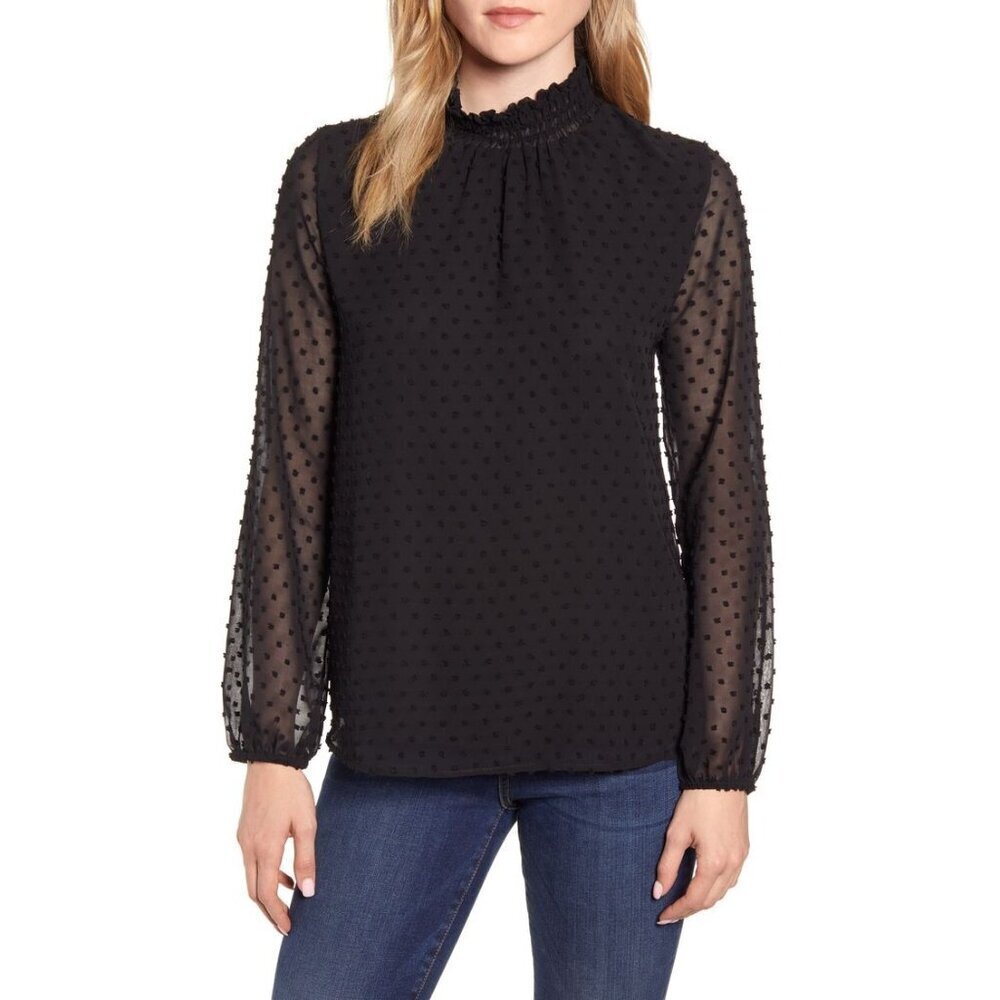 Gibson Black Victorian High‎ Neck Swiss Dot Long Sleeve Top XS